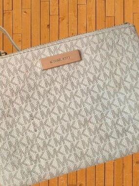 Michael Kors Light Gray MK Logo Wristlet with Gold Plate